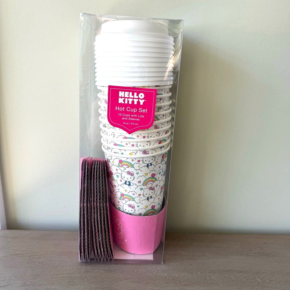 Hello Kitty Sanrio Hot Cups Set of 10 Cups with Lids and Sleeves Rainbow Clouds